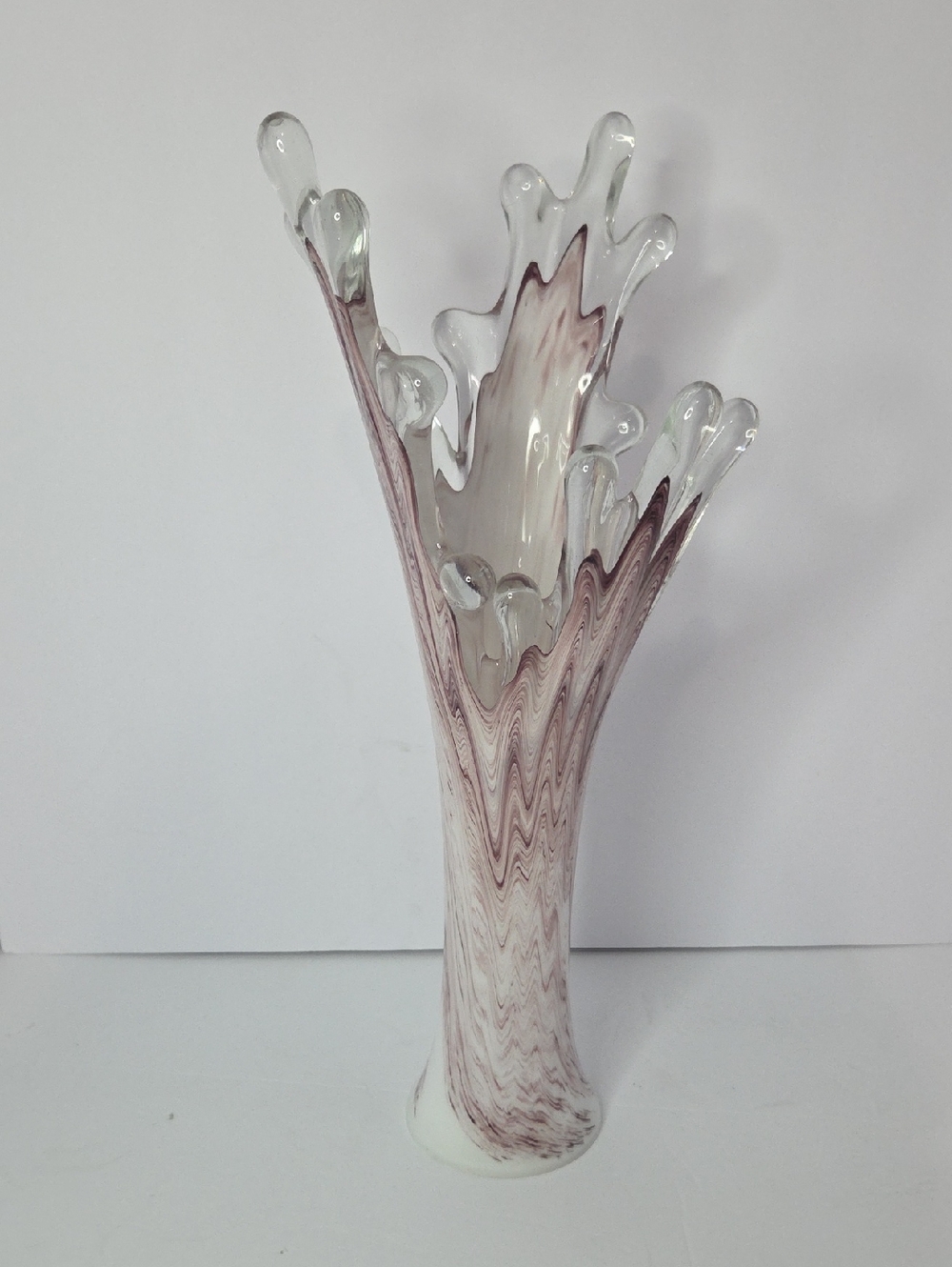 VTG MCM Kirch RARE Splash 15" Hand Blown Vase Swung Glass Purple And White